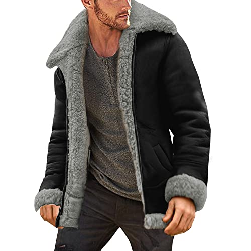 Modaworld Wildlederjacke Herren Gefüttert Lammfell Winter Teddy-Fleece Jacke Bomberjacke Leder Fleecejacke Beiläufiger Plüschjacke Sport Hellbraun Wildleder Jacke Freizeitjacke Übergangsjacke von Modaworld