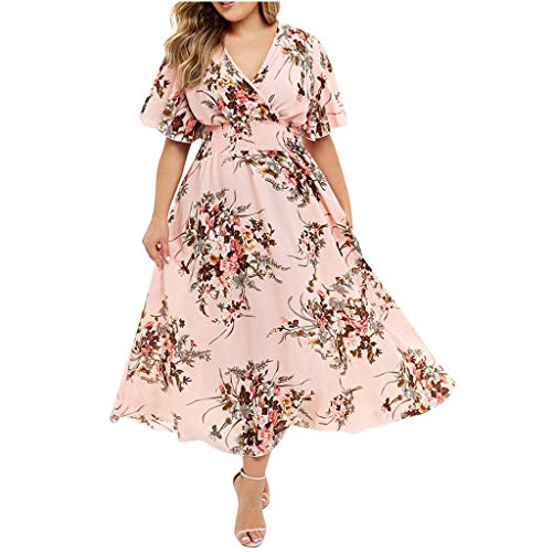 Plus Size Maxikleider Mode Sommerkleid Damen Blumendruck V-Ausschnitt Abendkleid Kurzarm Kurzärmliges Kleid Freizeitkleid mit für in Übergröße Schönes Tunikakleid Partykleid von Modaworld