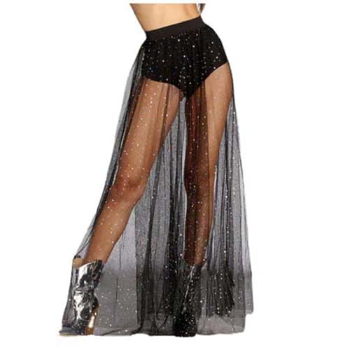 Rave Outfit Damen Glitzer Rock Festival Rock Outfit Fransen Pailletten Fransenrock Festival Mesh Transparent 2 In 1 Maxirock von Modaworld