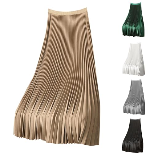 Satin Plisseerock Damen Midi-Länge Faltenrock Elegant Rock Hohe Taille Plisseefalten Röcke Einfarbig Maxirock Casual Freizeitrock Hochzeit Cocktail Skirt von Modaworld