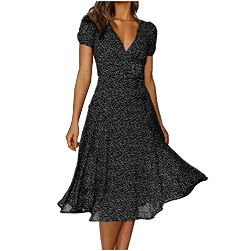 Sommerkleid Damen Lang V-Ausschnitt Strandkleid Lässig Chiffon Kleider Lose Kurzarm Freizeitkleid Elegant A-Linie Midikleid Knielang Partykleid Polka Dot Maxikleid Hohe Taille Boho Kleid von Modaworld