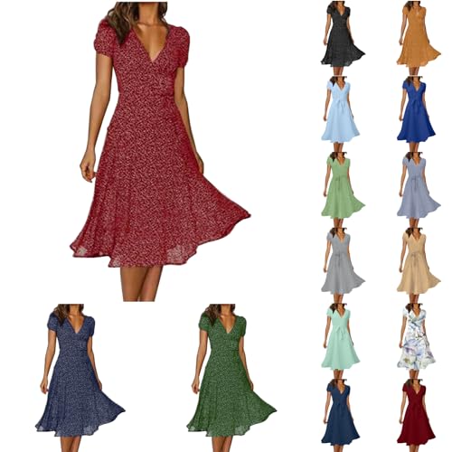 Sommerkleid Damen Lang V-Ausschnitt Strandkleid Lässig Chiffon Kleider Lose Kurzarm Freizeitkleid Elegant A-Linie Midikleid Knielang Partykleid Polka Dot Maxikleid Hohe Taille Boho Kleid von Modaworld