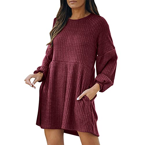 Strick Kleider Damen Langarm Pulloverkleid Herbst Winter Rundhals Pullikleider A Linie Kleid mit Taschen Lose Winterkleid Schöne Freizeitkleid Kleidung (rot, M) von Modaworld
