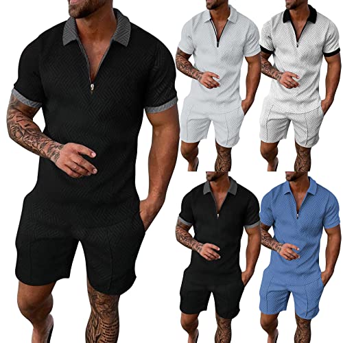 Trainingsanzug für Herren 2 Teiliges Sommer Sportanzug Outfit Sport Set Kurzarm T-Shirts + Kurze Hose Freizeitanzug Business Polo Hemd mit Revers Mode Männer Casual Sporthose von Modaworld