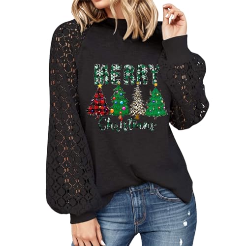 Weihnachten Pullover Damen Spitze Langarm Strickpullover Pulli Weinglas Wichtel Elch Schneemann Weihnachtsbaum Rundhals Lose Oberteile Elegant Herbst Winter Langarmshirt Sweatshirt Kapuzenpullover von Modaworld