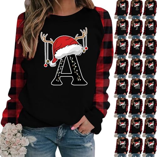 Weihnachtspullover für Damen Langärmliges Kariertes T-Shirt-Oberteil mit Rundhalsausschnitt und 26 Buchstaben Modische Hemdbluse von Modaworld