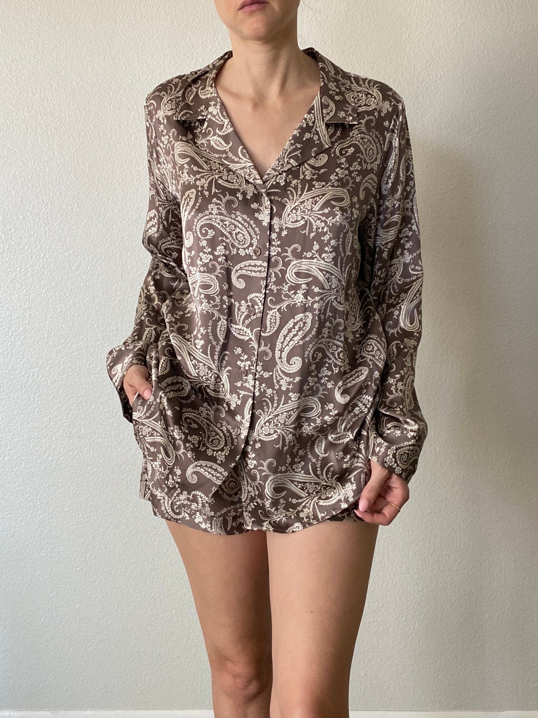 Vintage 100% Seide Victorias Secret Paisley Pyjama Set Langarm Bluse Shorts Groß von Mode523
