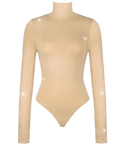 Damen Glitzernder Strass-Body Rollkragen Rücken Reißverschluss Langarm Trikot Top mit Daumenloch, Hautfarben, M von Modegal