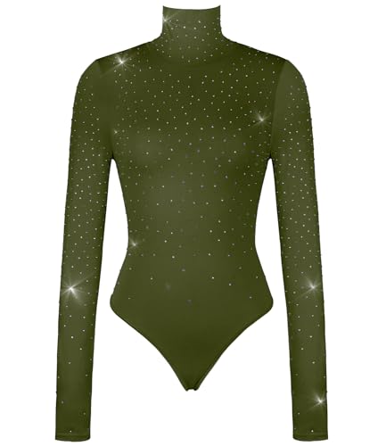 Glitzernder Damen-Body mit Strasssteinen, Rollkragen, Reißverschluss, langärmelig, Gymnastikanzug mit Daumenloch, Grün (Army Green), Medium von Modegal