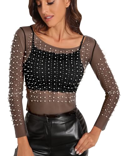 Modegal Damen Bluse mit Perlen und Strass, durchsichtig, lange Ärmel, Netz-Bluse, einteilig, bauchfreies Top - Schwarz - Mittel von Modegal