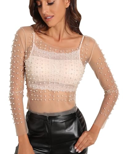 Damen-Bluse mit Perlen und Strasssteinen, durchsichtig, langärmelig, Netzstoff, Einteiler, bauchfreies Top, Nude, 40 von Modegal
