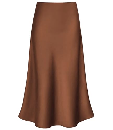 Damen-Midirock aus Satin, hohe Taille, versteckter elastischer Bund, ausgestellt, lässig, A-Linie, Braun, Groß von Modegal