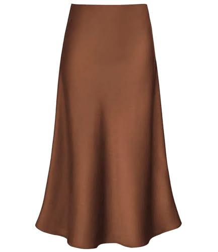 Damen-Midirock aus Satin, hohe Taille, versteckter elastischer Bund, ausgestellt, lässig, A-Linie, Braun, Groß von Modegal