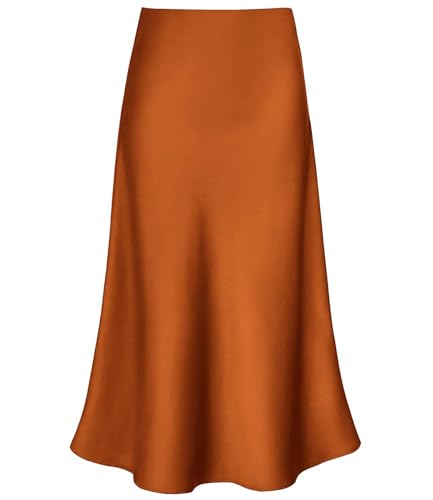 Modegal Damen Satin Hohe Taille Versteckter Elastischer Bund Ausgestellter Casual A-Linie Midirock, Caramel, XX-Large von Modegal