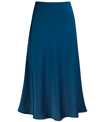 Damen-Midirock aus Satin, hohe Taille, versteckter elastischer Bund, ausgestellt, lässig, A-Linie, Dünnes Blaugrün, Klein von Modegal