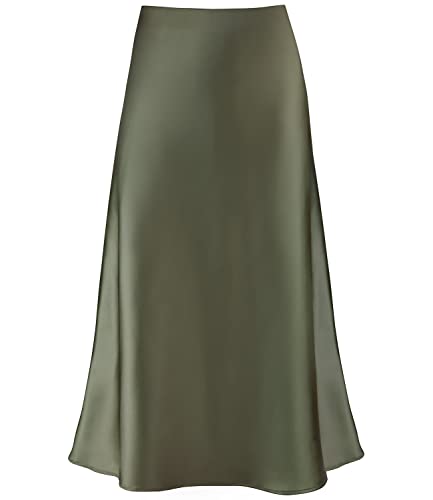 Damen-Midirock aus Satin, hohe Taille, versteckter elastischer Bund, ausgestellt, lässig, A-Linie, Grün (Army Green), Groß von Modegal