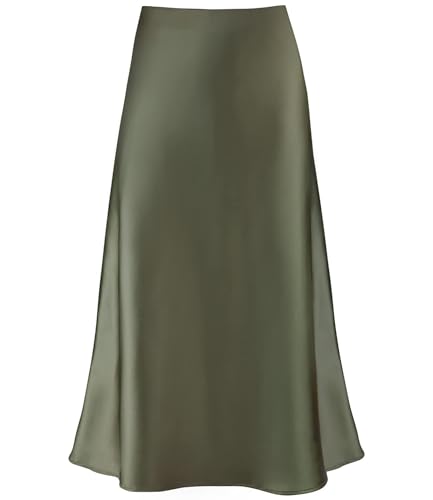 Damen-Midirock aus Satin, hohe Taille, versteckter elastischer Bund, ausgestellt, lässig, A-Linie, Grün (Army Green), XX-Large von Modegal