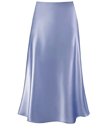 Damen-Midirock aus Satin, hohe Taille, versteckter elastischer Bund, ausgestellt, lässig, A-Linie, Hellblau, Groß von Modegal