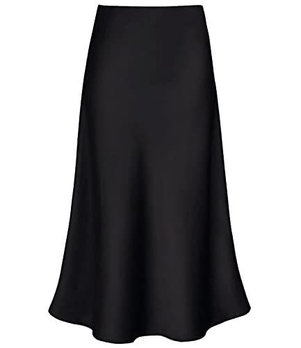 Damen-Midirock aus Satin, hohe Taille, versteckter elastischer Bund, ausgestellt, lässig, A-Linie, Schwarz, Groß von Modegal