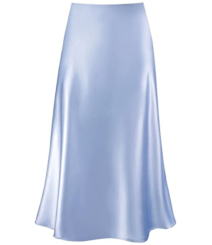 Modegal Damen Satin Hohe Taille Versteckter Gummibund Ausgestellter Casual A-Linie Midi Rock, Babyblau, X-Groß von Modegal