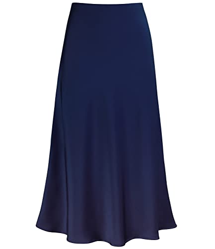 Modegal Damen Satin Hohe Taille Versteckter Gummibund Ausgestellter Casual A-Linie Midi Rock, Dünn Marineblau, X-Groß von Modegal