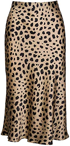 Modegal Damen Satin Hohe Taille Versteckter Gummibund Ausgestellter Casual A-Linie Midi Rock, Khaki, Leopard, Groß von Modegal