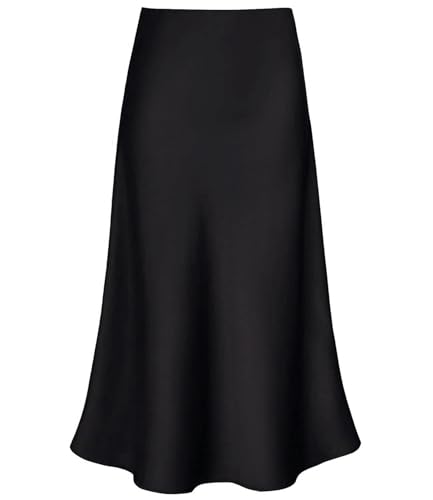 Modegal Damen Satin Hohe Taille Versteckter Gummibund Ausgestellter Casual A-Linie Midi Rock, Schwarz, Mittel von Modegal