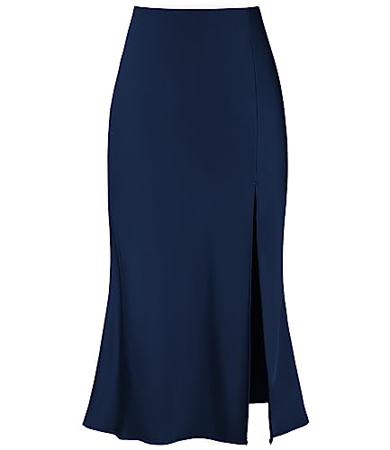 Modegal Damen Sexy Satin Side Split Oberschenkel Hohe Taille Casual A-Linie Midi Rock, Marineblau, Mittel von Modegal