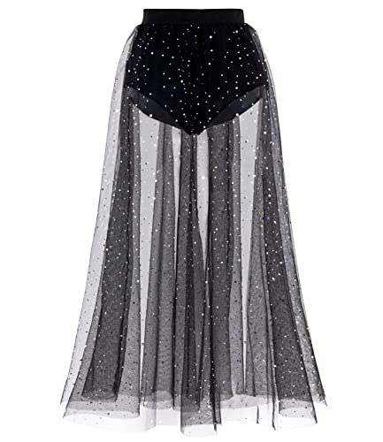 Modegal Damen Sheer Mesh 2 in 1 Glitzer Pailletten Elastische Hohe Taille A-Linie Party Maxi Rock, Schwarz, XX-Large von Modegal