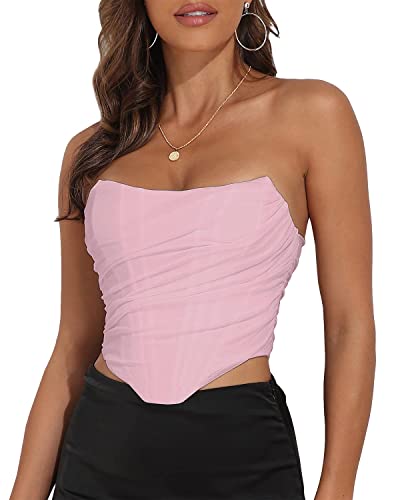 Damen-Korsett im Vintage-Stil, trägerlos, offener Rücken, Netzstoff, Reißverschluss hinten, Korsett, Bodyshaper, bauchfreies Top, Netzstoff, Rosa, 6-8 von Modegal