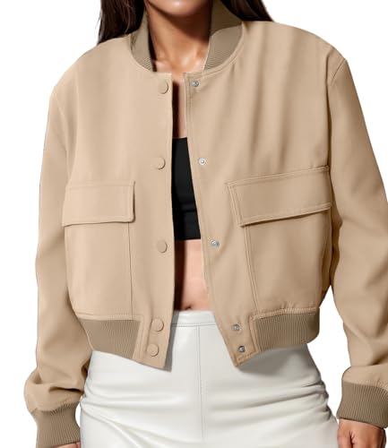 Modegal Damen Varsity Bomberjacken Langarm Cropped Button Down Casual Mantel mit Taschen Outwear, Khaki, M von Modegal