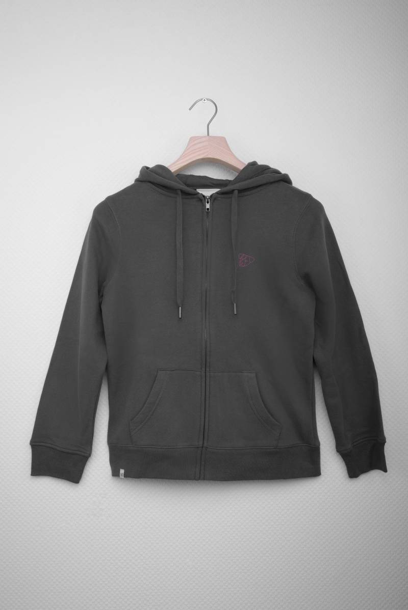 Damen-Sweatjacke in Asphalt-Grau Mit Pinkfarbener Hundestickerei von Modehund