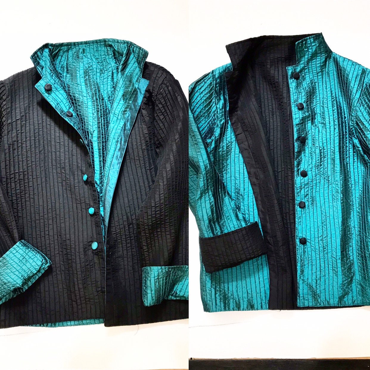 1970Er Jahre Wendejacke Aus Seide - Türkisfarbene & Schwarze Texturierte Seidenjacke Mit Stehkragen | S/M 1970Er Jahre Wendejacke Aus Seide - Türkisfarbene & Schwarze Texturierte Seidenjacke Mit Stehkragen | S/M von Modelab