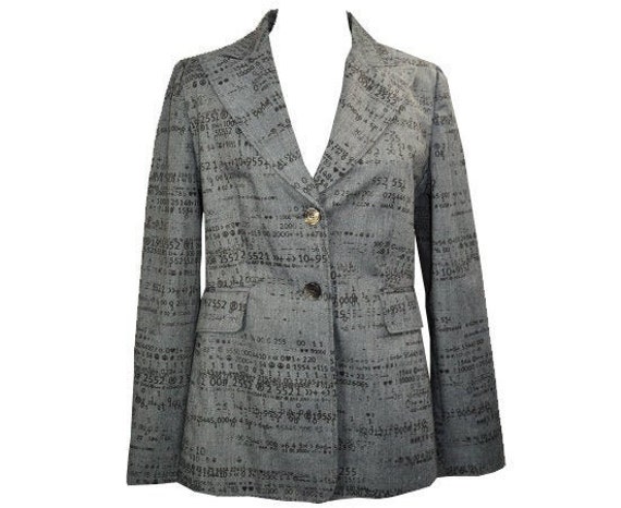 1980 Moschino Grauer Ein-Knopf „Math" Blazer - Unisex Zahlen/Formel-Druck 1980 Moschino Grauer Ein-Knopf „Math" Blazer - Unisex Zahlen/Formel-Druck von Modelab
