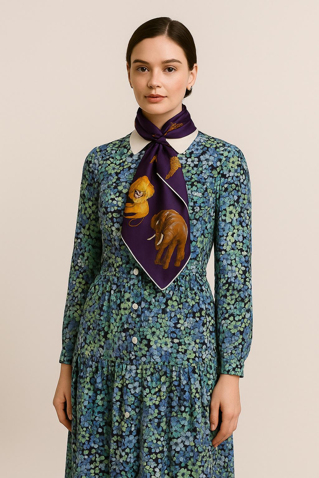 Reine Seide 1980Er Jahre Handbedruckter Seidendschungelschal - Fliederfarbener Statement-Kunstschal Mit Löwen- Und Nashornillustration Vintage von Modelab