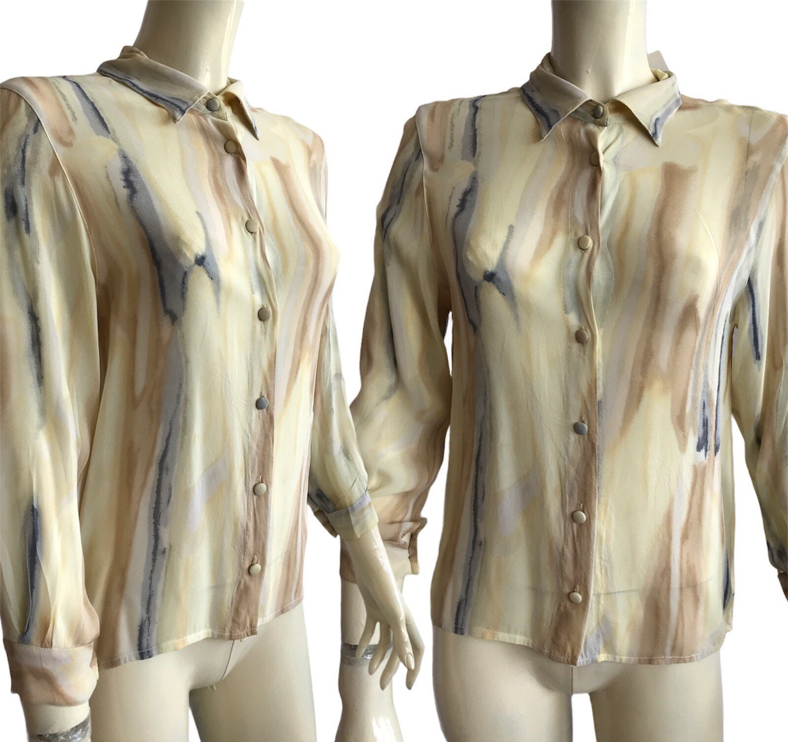 Vintage Armani Gelb Aquarelle Shirt, Aquarell Muster Armani Button Down Y2K Armani, 00S, S9Oft Farben Elegantes Shirt Vintage Armani Gelb Aquarelle Shirt, Aquarell Muster Armani Button Down Y2K Armani, 00S, S9Oft Farben Elegantes Shirt von Modelab