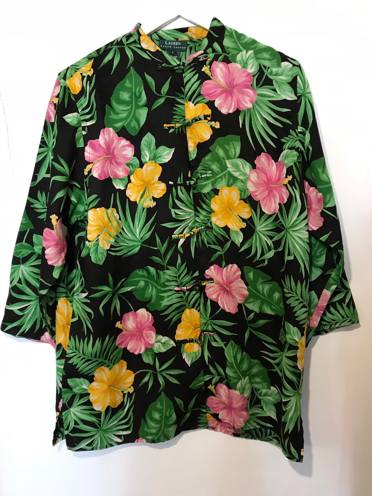 Vintage Ralph Lauren Froschverschluss Leinenhemd. Hawaiian Großes Hemd Mit Armbandärmeln Multicolor Blumenmuster Tunika, Gelbe Orchidee von Modelab