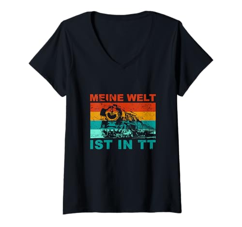 Damen Meine Welt ist in Spur TT | Dampflok Modellbahn Eisenbahn T-Shirt mit V-Ausschnitt von Modellbahn Eisenbahn Lokomotive Zug Fans