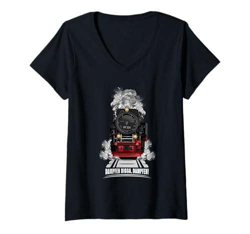 Damen Dampfen Digga Dampfen I Dampflok Eisenbahn T-Shirt mit V-Ausschnitt von Modellbahn Modelleisenbahn Zugführer Dampflok Idee