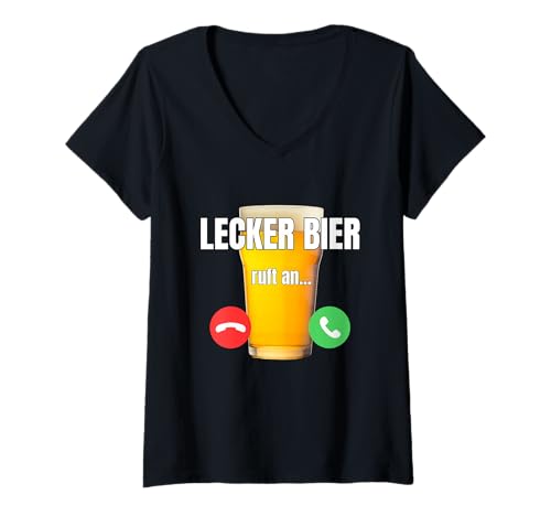 Damen Lecker Bier ruft an – nimm den Schluck an! T-Shirt mit V-Ausschnitt Damen Lecker Bier ruft an – nimm den Schluck an! T-Shirt mit V-Ausschnitt von Modemarke mit Promille-Problemlöser