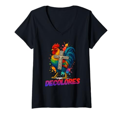 Damen DeColores Cursillo Rainbow Rooster Catholic T-Shirt mit V-Ausschnitt von Modern Day Catholic Designs