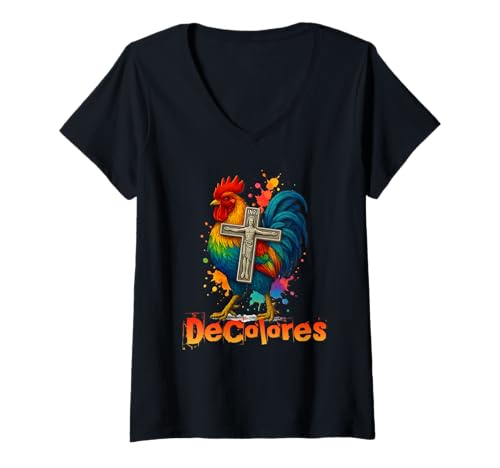 Damen DeColores Cursillo Rainbow Rooster Catholic T-Shirt mit V-Ausschnitt von Modern Day Catholic Designs