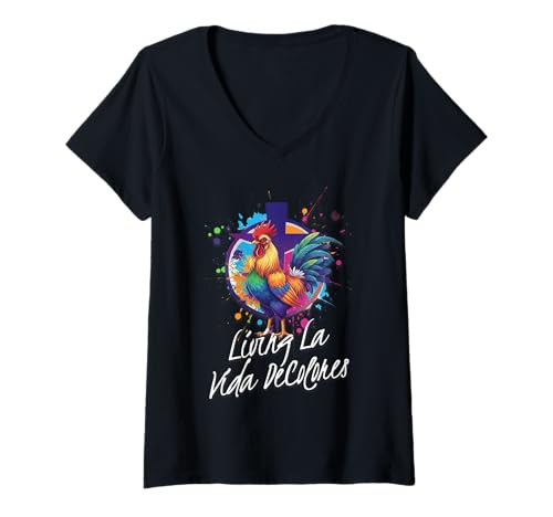 Damen DeColores Cursillo Rainbow Rooster Catholic T-Shirt mit V-Ausschnitt von Modern Day Catholic Designs
