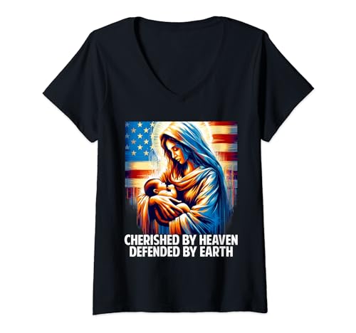 Damen Gesegnete Mutter Amerikanerin: Ungeborene Leben sind wichtig, Pro-Life T-Shirt mit V-Ausschnitt von Modern Day Catholic Designs