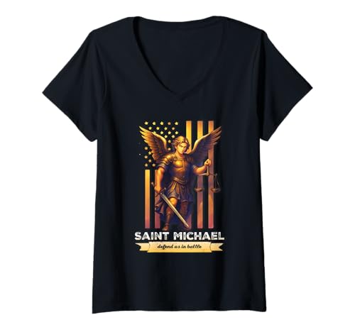 Damen Heiliger Erzengel Michael Katholisch T-Shirt mit V-Ausschnitt von Modern Day Catholic Designs