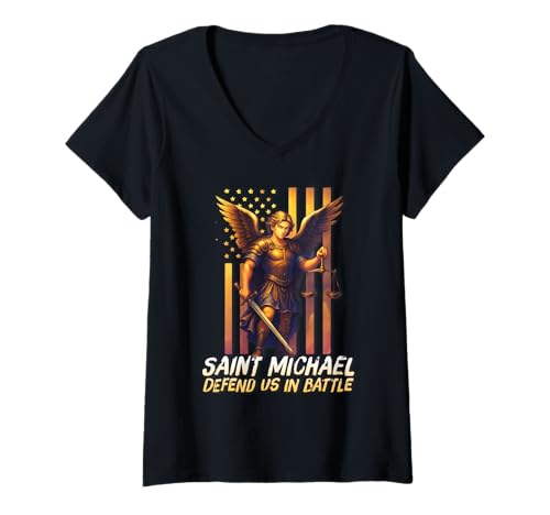 Damen Heiliger Erzengel Michael Katholisch T-Shirt mit V-Ausschnitt von Modern Day Catholic Designs