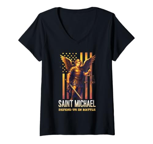 Damen Heiliger Erzengel Michael Katholisch T-Shirt mit V-Ausschnitt von Modern Day Catholic Designs