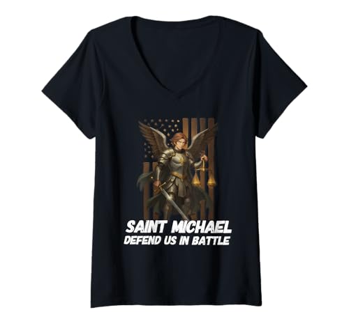Damen Heiliger Erzengel Michael Katholisch T-Shirt mit V-Ausschnitt von Modern Day Catholic Designs