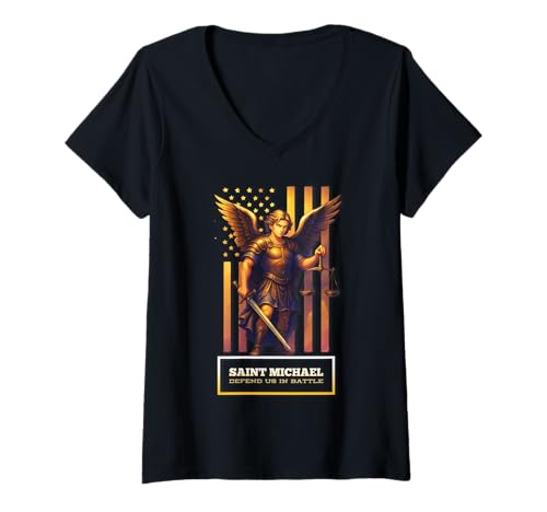 Damen Heiliger Erzengel Michael Katholisch T-Shirt mit V-Ausschnitt von Modern Day Catholic Designs