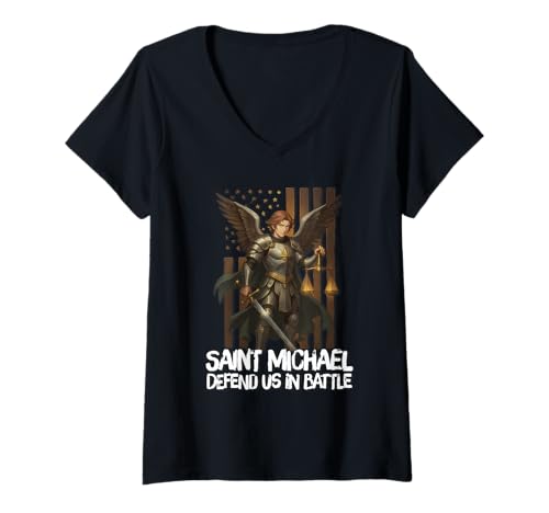 Damen Heiliger Erzengel Michael Katholisch T-Shirt mit V-Ausschnitt von Modern Day Catholic Designs